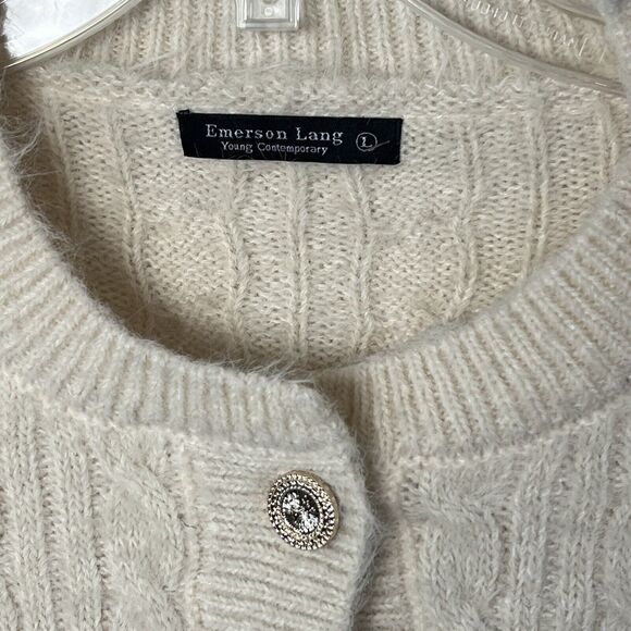 Emerson Lang NWT Young Contemporary Sweater Cardigan L Cream Buttons Cropped - Picture 2 of 6